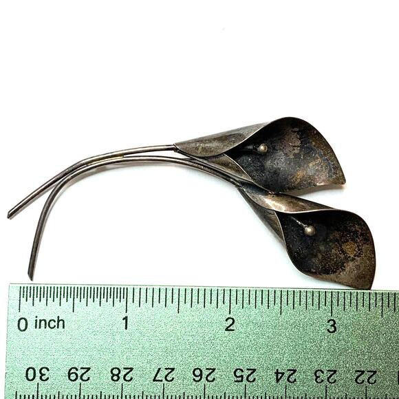 Vintage Stuart Nye Sterling Silver Double Cala Lily Brooch Pin - Picture 7 of 8